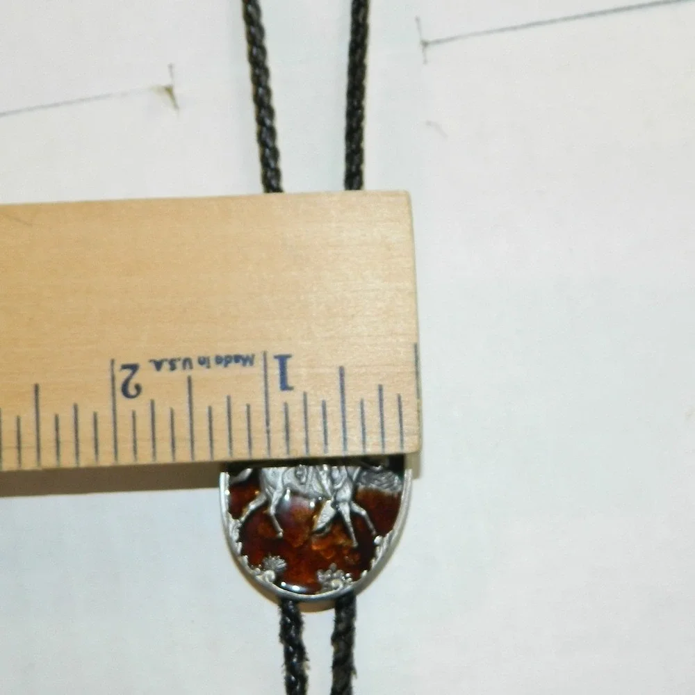 Vintage Bolo Tie Mens Brown Green Cowboy Horseback Enamel 1987 Western